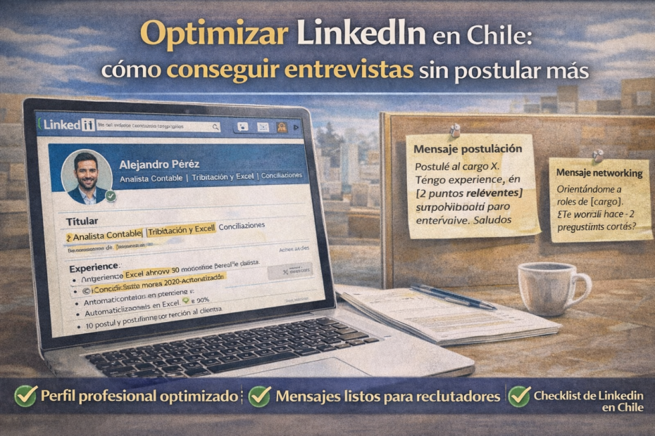 Imagen destacada “Optimizar LinkedIn en Chile” con checklist de perfil, titular con palabras clave y plantilla de mensaje a reclutador para conseguir entrevistas.