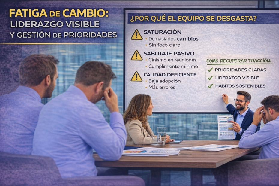 Equipo gerencial revisando fatiga de cambio, liderazgo visible y prioridades en tablero ejecutivo