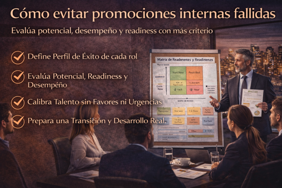 Equipo ejecutivo evaluando potencial, desempeño y readiness para evitar promociones internas fallidas