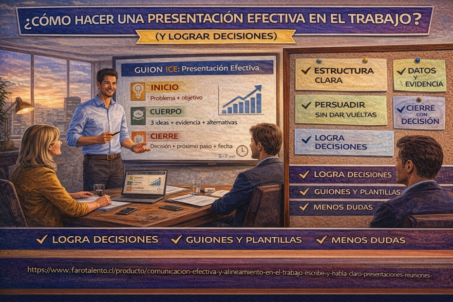 Cómo hacer una presentación efectiva en el trabajo con guion ICE, evidencia y cierre con decisión y próximos pasos