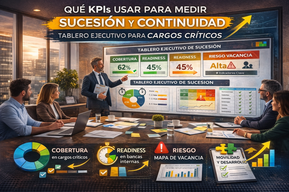 Equipo ejecutivo revisando KPIs de sucesión, cobertura y readiness en cargos críticos con tablero gerencial