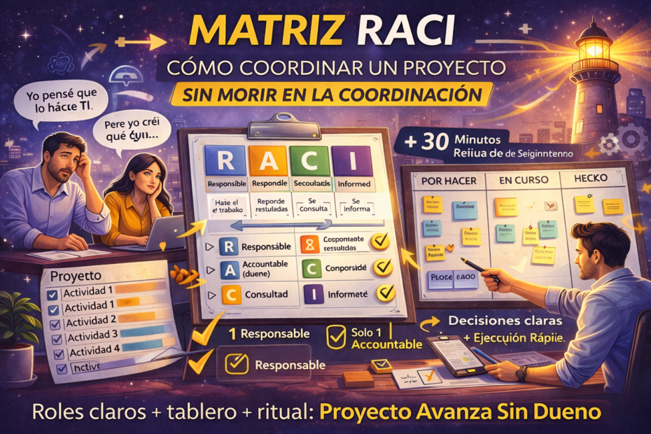 Imagen destacada sobre matriz RACI con roles Responsible, Accountable, Consulted e Informed, y tablero de seguimiento semanal para coordinar proyectos sin autoridad.