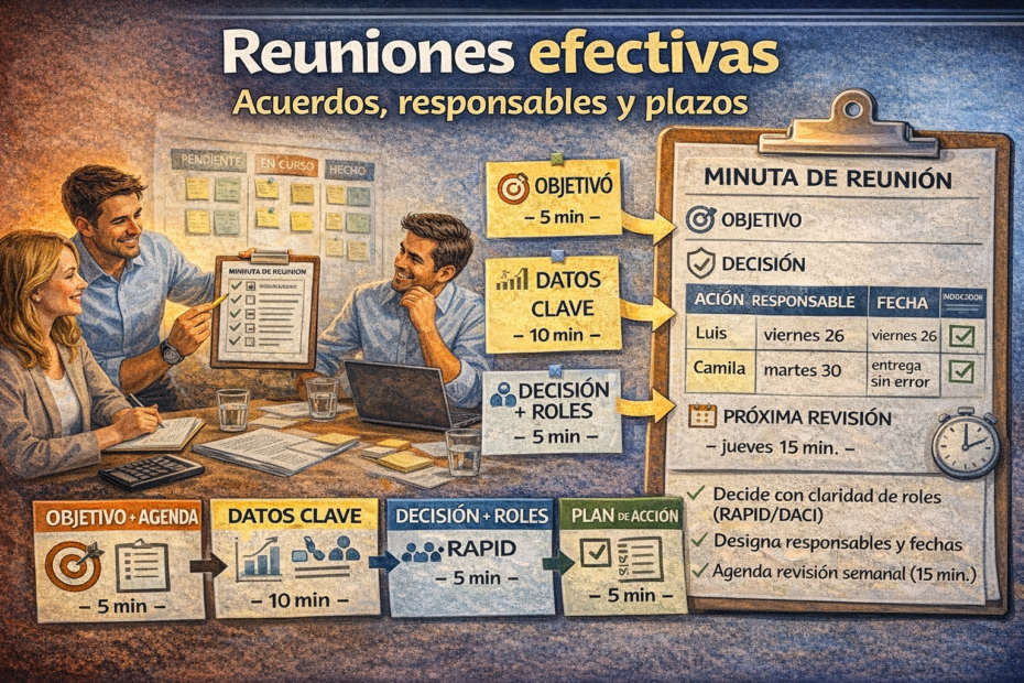 Reuniones efectivas con minuta: objetivo, decisión, responsables y plazos para convertir reuniones en plan de acción con seguimiento.