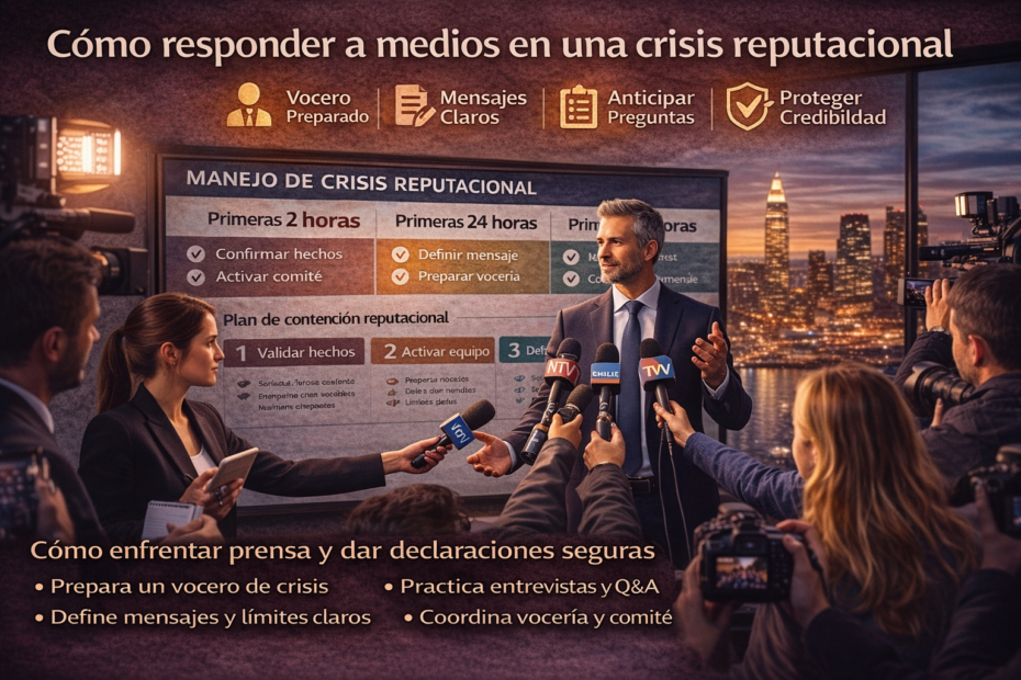 Vocero empresarial respondiendo a medios durante una crisis reputacional con mensajes claros y control del mensaje