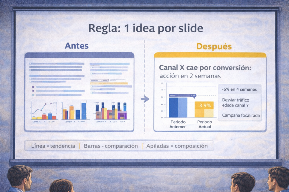 Antes y después de una slide ejecutiva: diseño limpio con 1 idea por diapositiva, titular con insight y gráfico correcto para visualizar datos sin ensalada.