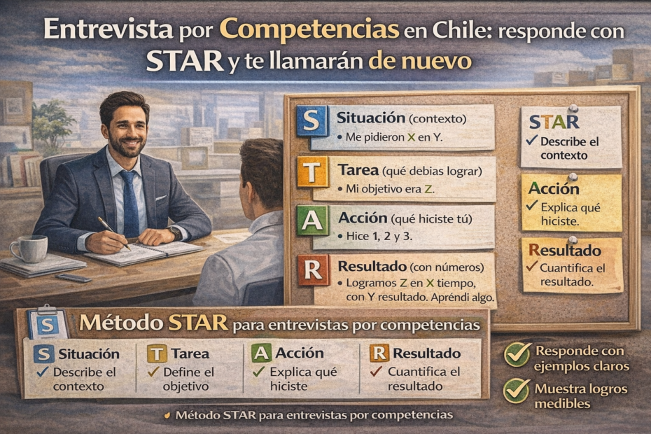 Imagen destacada “Entrevista por competencias en Chile” con método STAR (Situación, Tarea, Acción, Resultado) y checklist para responder con ejemplos y logros medibles.