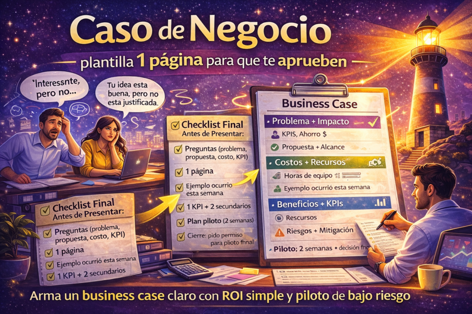 Imagen destacada sobre cómo hacer un caso de negocio (business case) en 1 página para que te aprueben un proyecto, con checklist, KPIs y ROI simple.