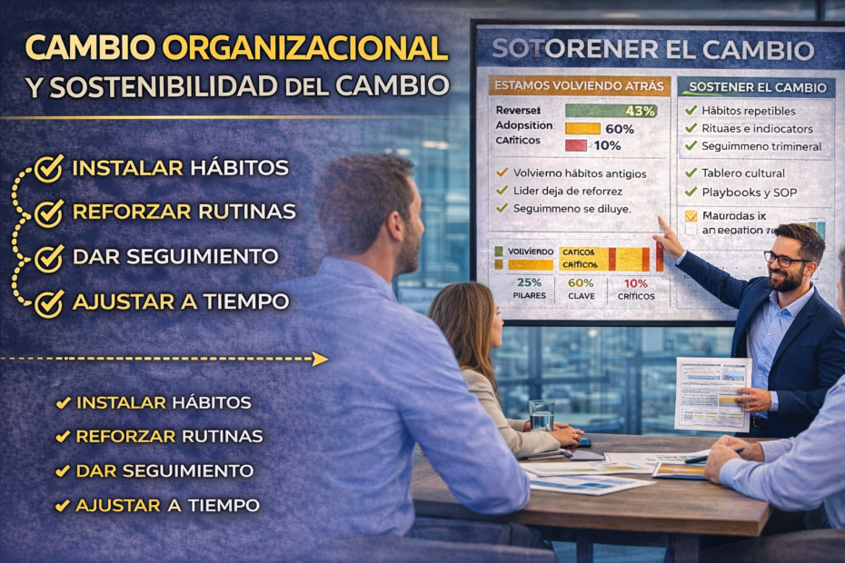 Equipo gerencial revisando sostenibilidad del cambio organizacional, hábitos y seguimiento en tablero ejecutivo