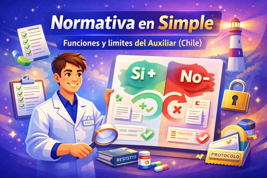 Imagen destacada “Normativa farmacia Chile” con mapa de funciones y límites del auxiliar, checklist de dispensación segura, registro y custodia.