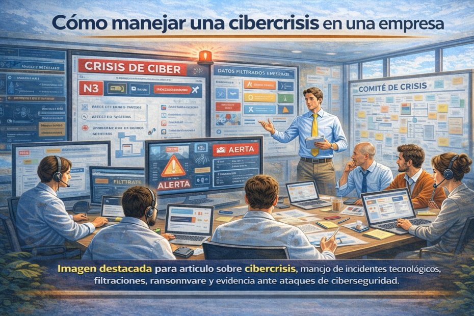 Equipo de crisis tecnológica coordinando una cibercrisis en una sala de control con pantallas de alerta, comité de crisis y datos comprometidos.