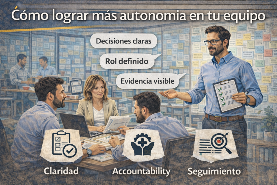 Jefatura guiando a su equipo con claridad, accountability y seguimiento para desarrollar autonomía, ilustración horizontal sobre cómo lograr más autonomía en un equipo de trabajo.