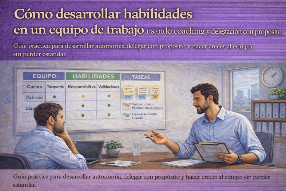 Jefatura desarrollando habilidades del equipo mediante delegación con propósito, coaching y seguimiento práctico en reunión laboral