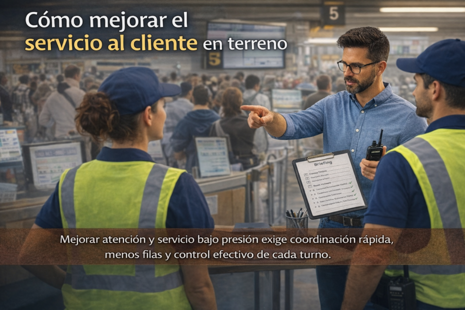 Supervisor coordinando al equipo para mejorar el servicio al cliente en terreno durante un turno de alta demanda