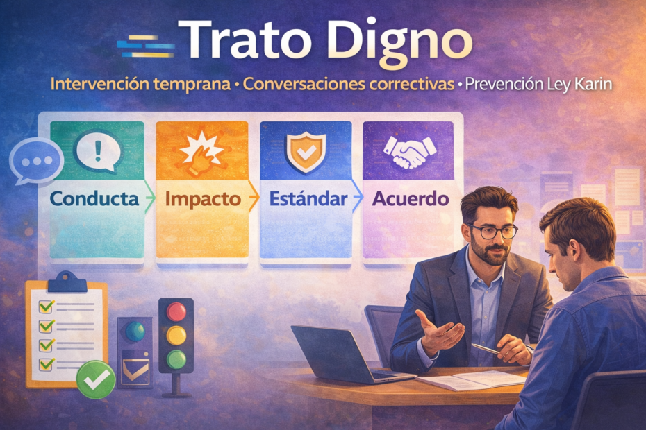 Trato digno en el trabajo: jefatura aplica conversación correctiva con enfoque conducta-impacto-estándar-acuerdo para prevenir conflictos y denuncias bajo Ley Karin.
