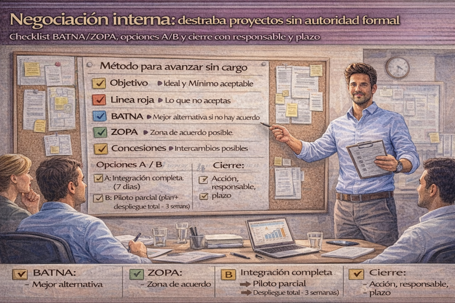 Negociación interna en el trabajo: líder presenta checklist BATNA/ZOPA con opciones A/B para destrabar proyectos y cerrar acuerdos con responsable y plazo.