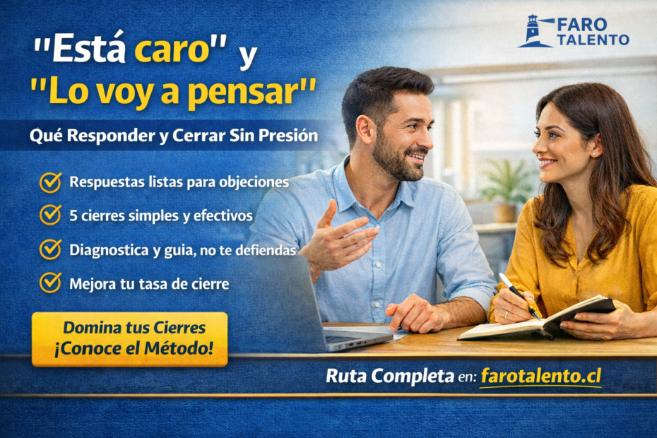Banner “Está caro” y “Lo voy a pensar” con respuestas listas, 5 cierres simples y método para manejar objeciones y cerrar ventas sin presión en Chile.
