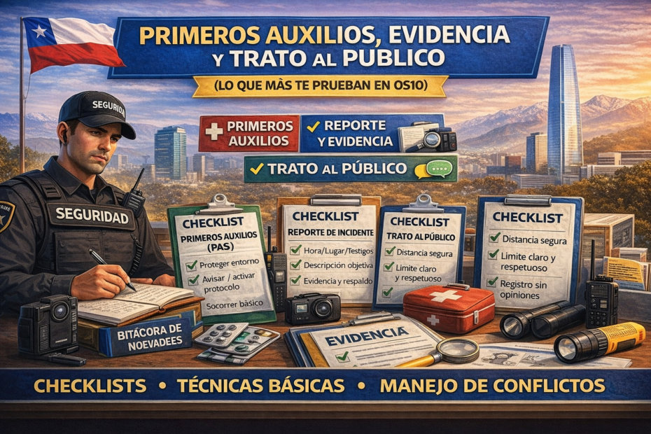 Primeros auxilios, evidencia y trato al público para guardias en Chile: checklist PAS, reporte de incidentes y manejo de conflictos OS10