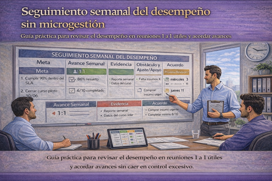 Jefatura realizando seguimiento semanal del desempeño con tablero de metas, avance, evidencia y acuerdos en reunión 1 a 1