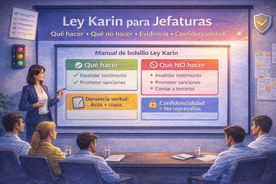 Ley Karin para jefaturas en Chile: guía visual de qué hacer y qué no hacer, denuncia verbal con acta y resguardo de confidencialidad y no represalias.