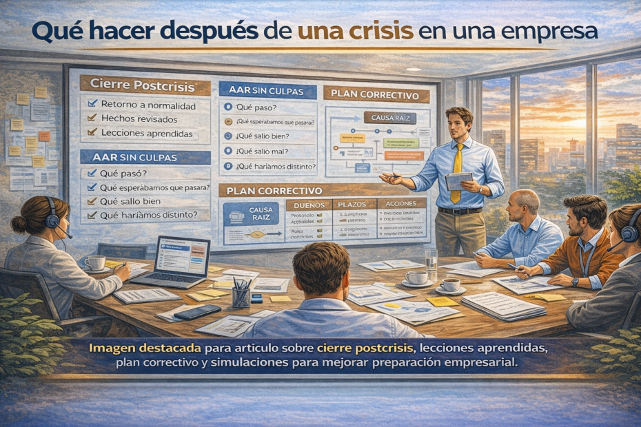 Equipo revisando cierre postcrisis, AAR sin culpas y plan correctivo en una sala ejecutiva, ilustración horizontal sobre qué hacer después de una crisis en una empresa.