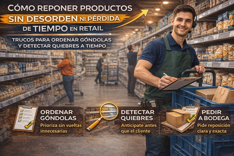 Reponedor en supermercado de Chile ordenando góndolas y detectando quiebres para reponer con más eficiencia