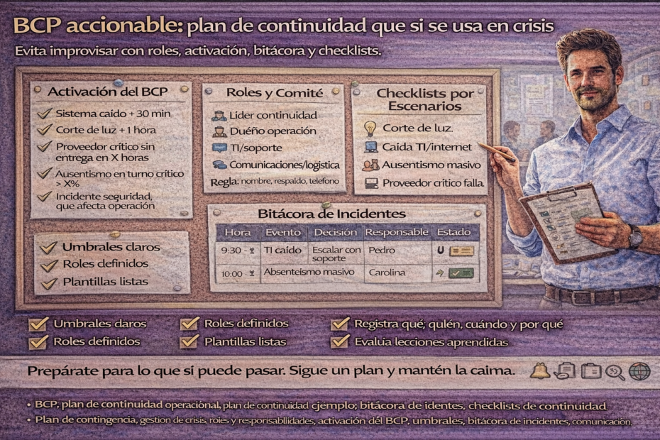 Infografía de BCP accionable: activación, roles y comité, checklists por escenarios y bitácora de incidentes para continuidad operacional.