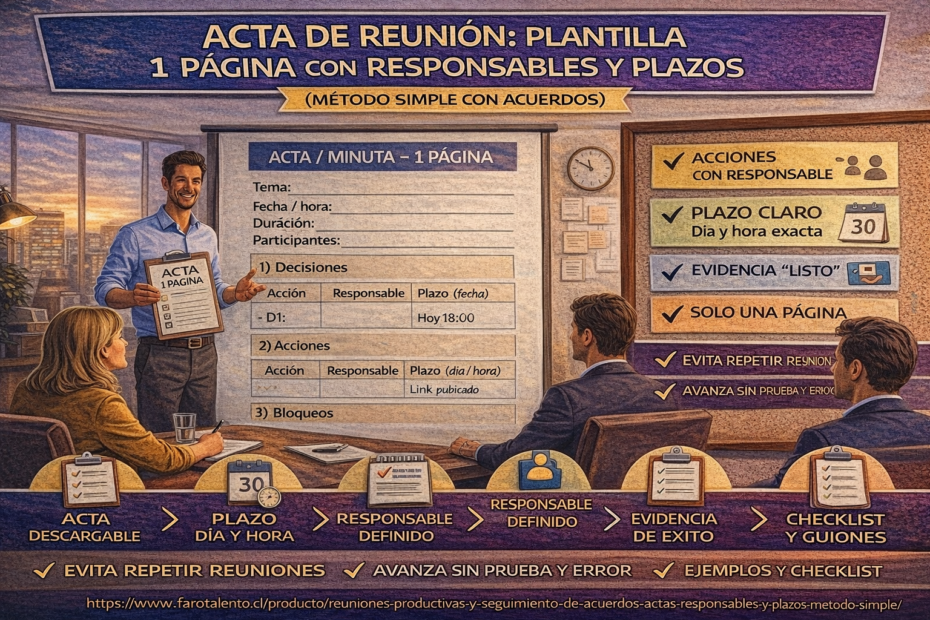 Acta de reunión plantilla 1 página con responsable único, plazo día y hora, y evidencia de cumplimiento de acuerdos