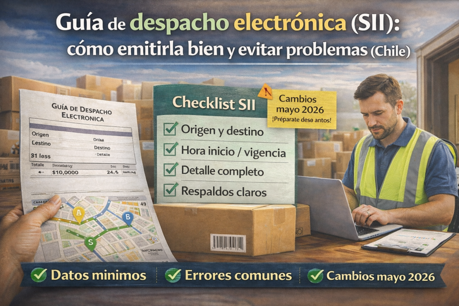 Imagen destacada “Guía de despacho electrónica SII” con checklist de datos mínimos, errores comunes y aviso de cambios mayo 2026 para despachos en Chile.