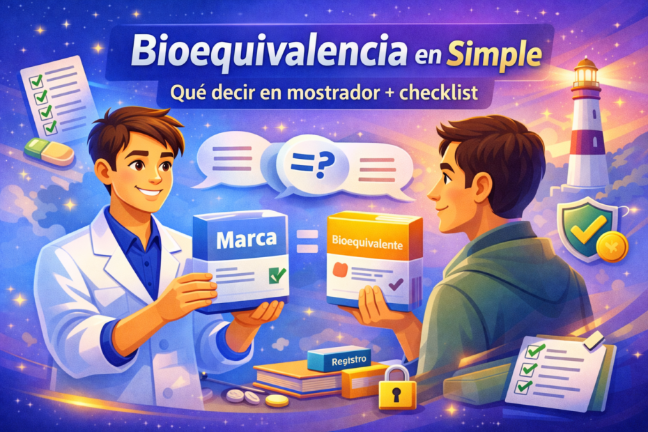 Imagen destacada “Bioequivalencia en Chile en simple” con auxiliar explicando genéricos vs marca en mostrador y checklist de dispensación segura.