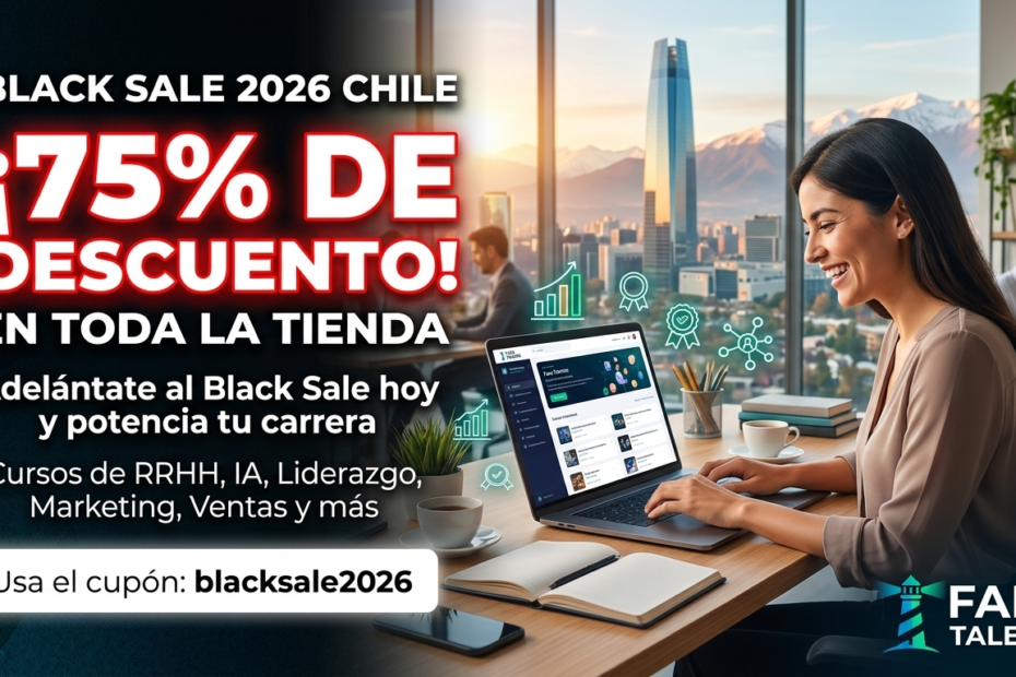 Banner promocional de Faro Talento para el Black Sale 2026 en Chile. Una mujer profesional sonríe mientras trabaja en una computadora portátil en una oficina moderna con vistas a Santiago y la Cordillera de los Andes. Texto destacado anuncia: "¡75% DE DESCUENTO EN TODA LA TIENDA!" Incluye una lista de cursos (RRHH, IA, Liderazgo, Marketing, Ventas) y el cupón de descuento "blacksale2026".