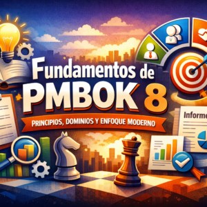 Portada del Curso Fundamentos de PMBOK 8: Principios, Dominios y Enfoque Moderno con elementos visuales de gestión de proyectos, estrategia, planificación, riesgos, métricas y valor
