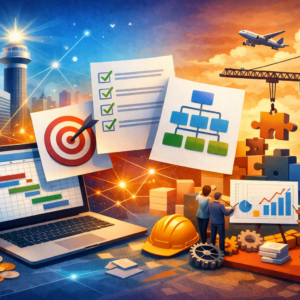 Ilustración de planificación de proyectos con PMBOK 8: cronograma, checklist, alcance, costos, equipo, grúa y gráficos de gestión.