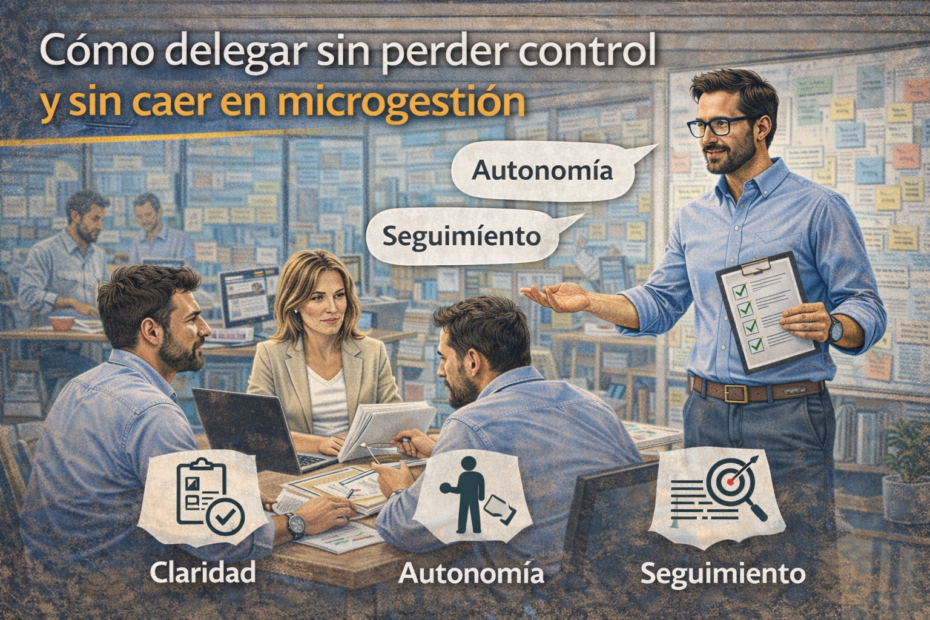 Jefatura sobrecargada revisando tareas, corrigiendo entregas y absorbiendo trabajo del equipo en una oficina, ilustración horizontal sobre delegar y terminar haciéndolo todo otra vez.