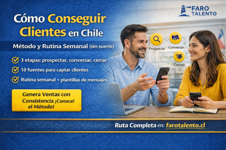 Banner “Cómo conseguir clientes en Chile” con método de 3 etapas (prospectar, conversar, cerrar), rutina semanal y plantillas de mensajes para captar clientes con consistencia.