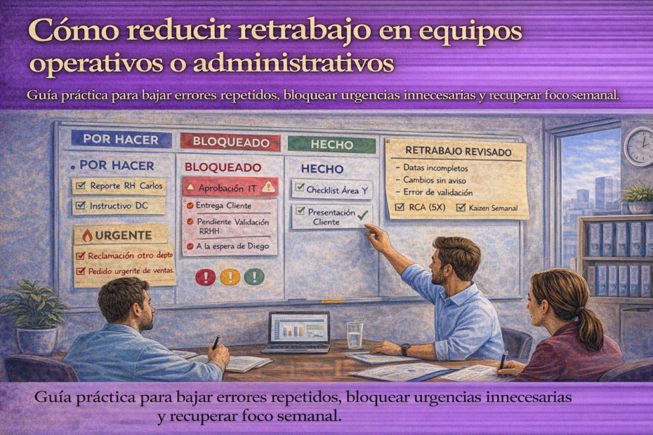 Jefatura revisando retrabajo, bloqueos y urgencias del equipo con tablero visual en reunión operativa