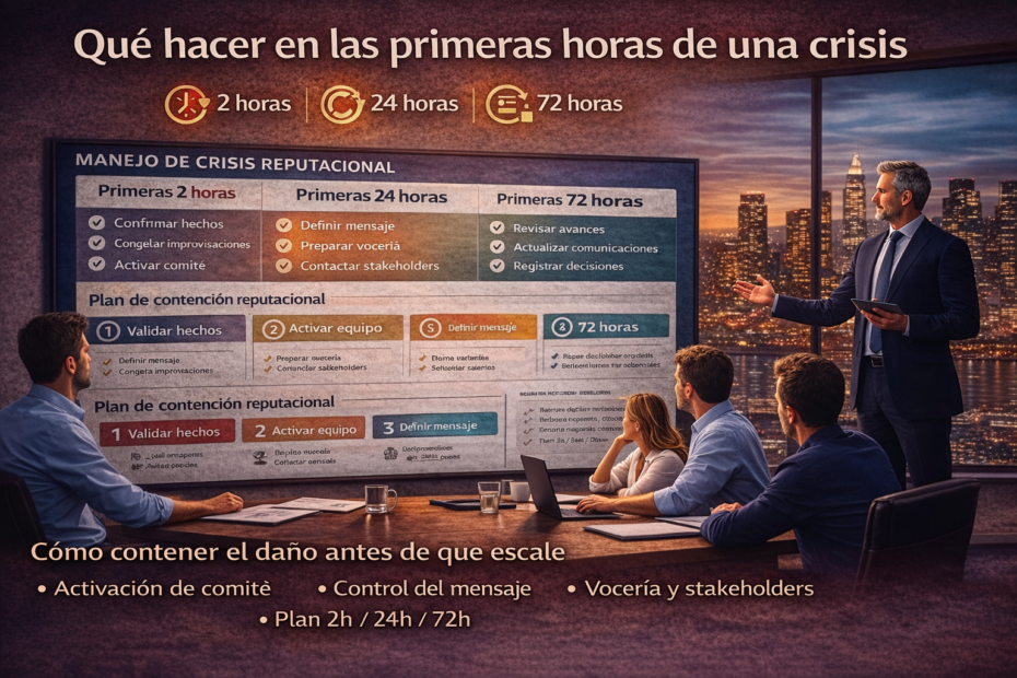 Equipo directivo activando plan de contención en las primeras horas de una crisis reputacional