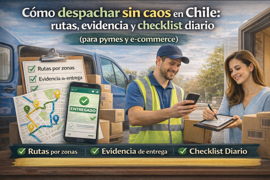 Imagen destacada “Cómo despachar sin caos en Chile” con rutas por zonas, evidencia de entrega y checklist diario para pymes y e-commerce.