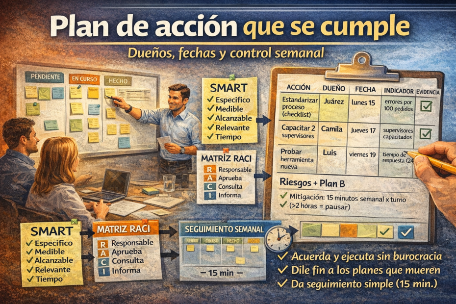 Equipo planificando un plan de acción con dueños, fechas, indicadores y seguimiento semanal usando SMART, RACI y tablero Kanban.