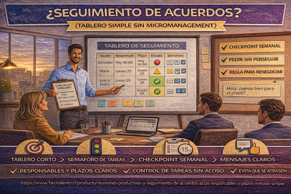 Seguimiento de acuerdos con tablero simple: semáforo de tareas, checkpoint semanal y mensajes claros sin micromanagement