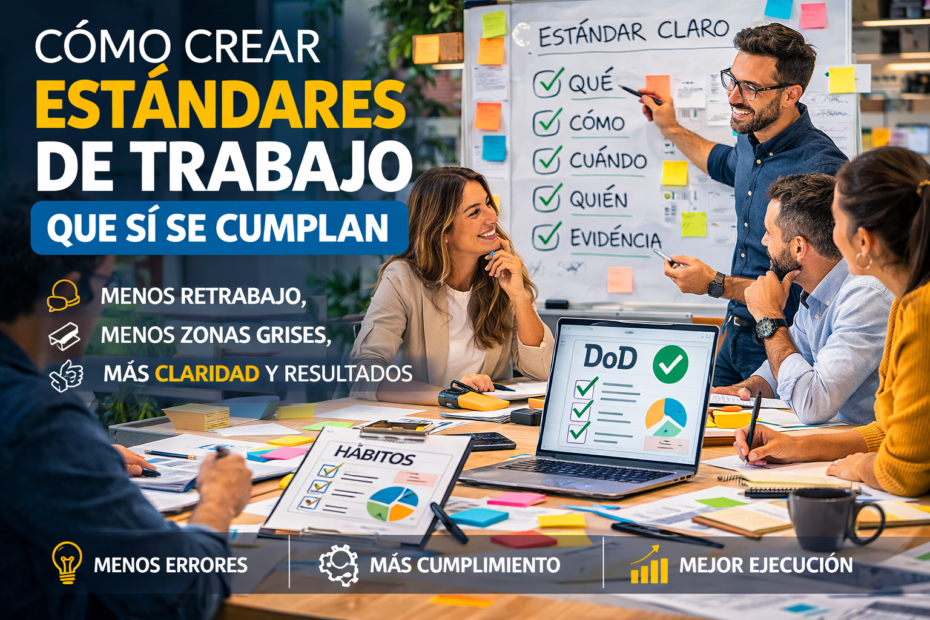 Equipo de trabajo definiendo estándares claros, DoD y checklists en una reunión, ilustración horizontal sobre cómo crear estándares de trabajo que sí se cumplan.