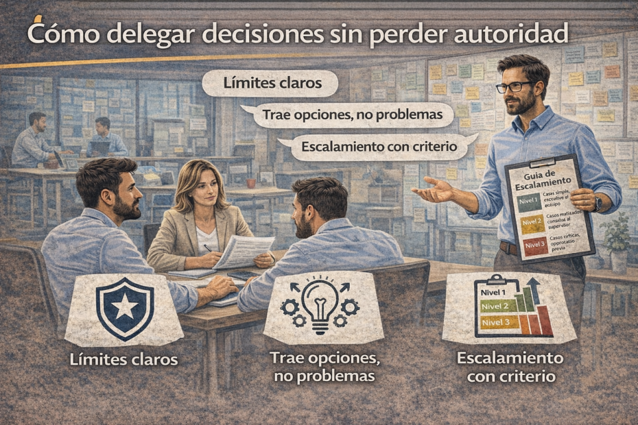 Jefatura explicando límites claros, opciones y escalamiento con criterio a su equipo, ilustración horizontal sobre cómo delegar decisiones sin perder autoridad.