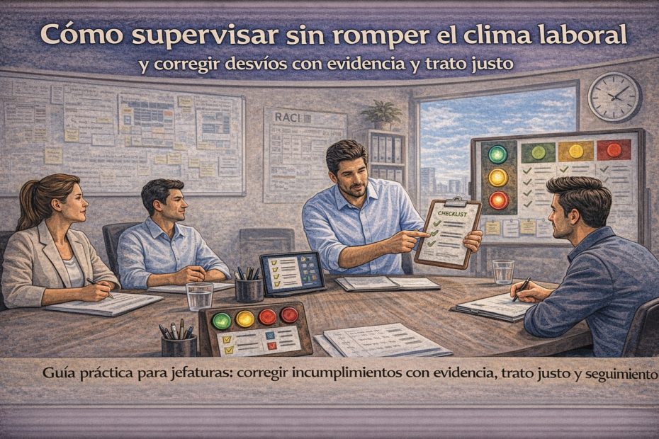 Jefatura supervisando con checklist y tablero de control para corregir desvíos con evidencia y trato justo en equipo operativo