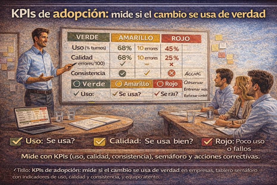 KPIs de adopción del cambio con semáforo (verde/amarillo/rojo) para medir uso, calidad y consistencia en una reunión de equipo.