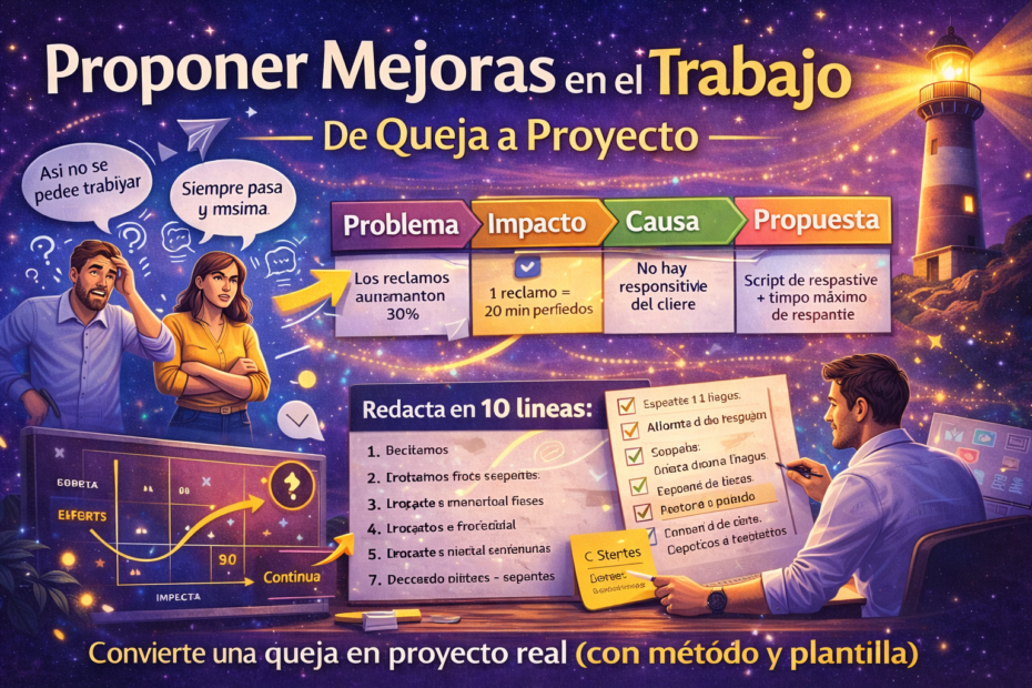 Imagen destacada sobre cómo proponer una mejora en el trabajo y convertir una queja en proyecto usando la fórmula Problema-Impacto-Causa-Propuesta.