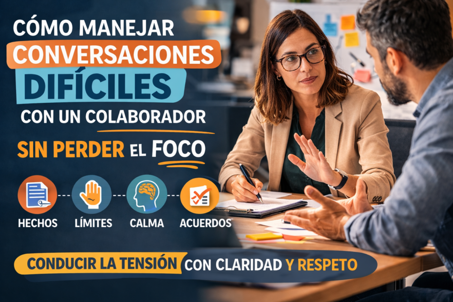 Profesional manejando una conversación difícil con un colaborador con calma, límites claros y foco en hechos y acuerdos