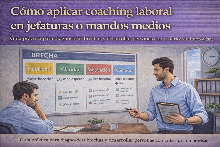 Jefatura aplicando coaching laboral para diagnosticar brechas de desempeño en reunión individual con foco en habilidad, claridad, motivación y contexto