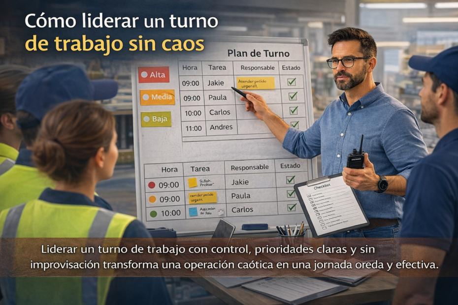 Supervisor liderando un turno de trabajo con plan visible, prioridades claras y control operativo en terreno