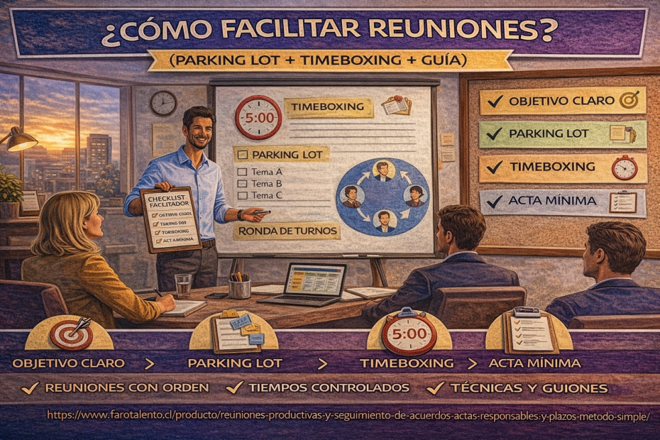 Cómo facilitar reuniones con parking lot y timeboxing: objetivo claro, turnos de palabra y acta mínima efectiva