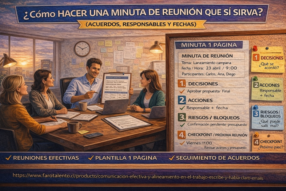 Cómo hacer una minuta de reunión que sí sirva: plantilla 1 página con decisiones, acciones, responsables y fechas
