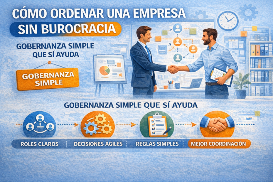 Ilustración horizontal sobre cómo ordenar una empresa sin burocracia, con gobernanza simple, roles claros, decisiones ágiles y mejor coordinación.